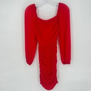 Red Ruched Long Sleeve Bodycon Dress Puff Sleeves Medium